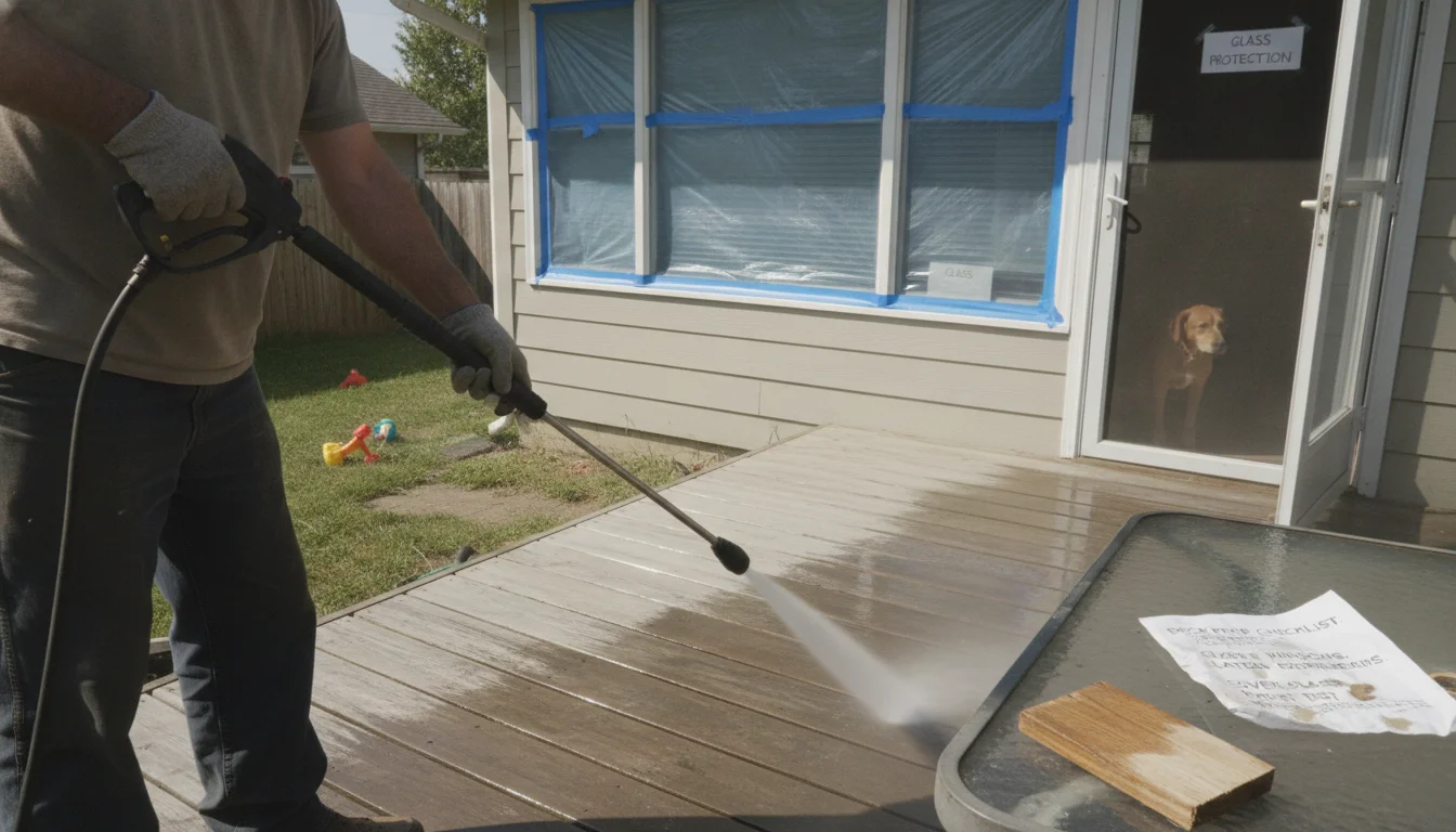 Avoid trapping heat under plastic; mask low glass; close windows; latch doors before pressure washing a deck